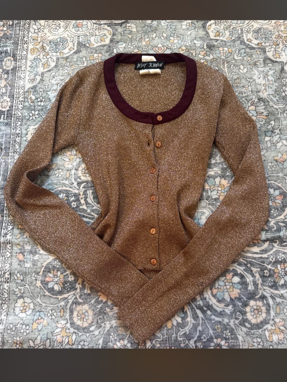 Vintage 90s Betsey Johnson Tan/Brown Metallic Cardigan with Maroon Neckline
